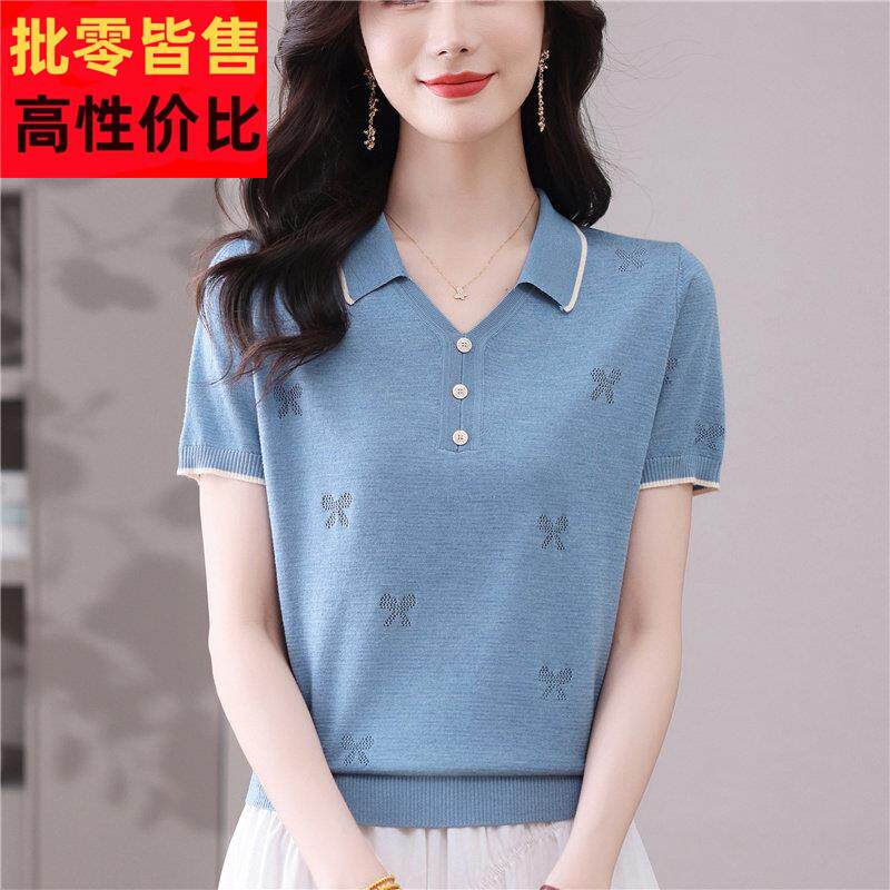 高端蚕丝短袖t恤衫女polo冰丝夏季妈妈桑ZFK半袖体恤上衣大领码小