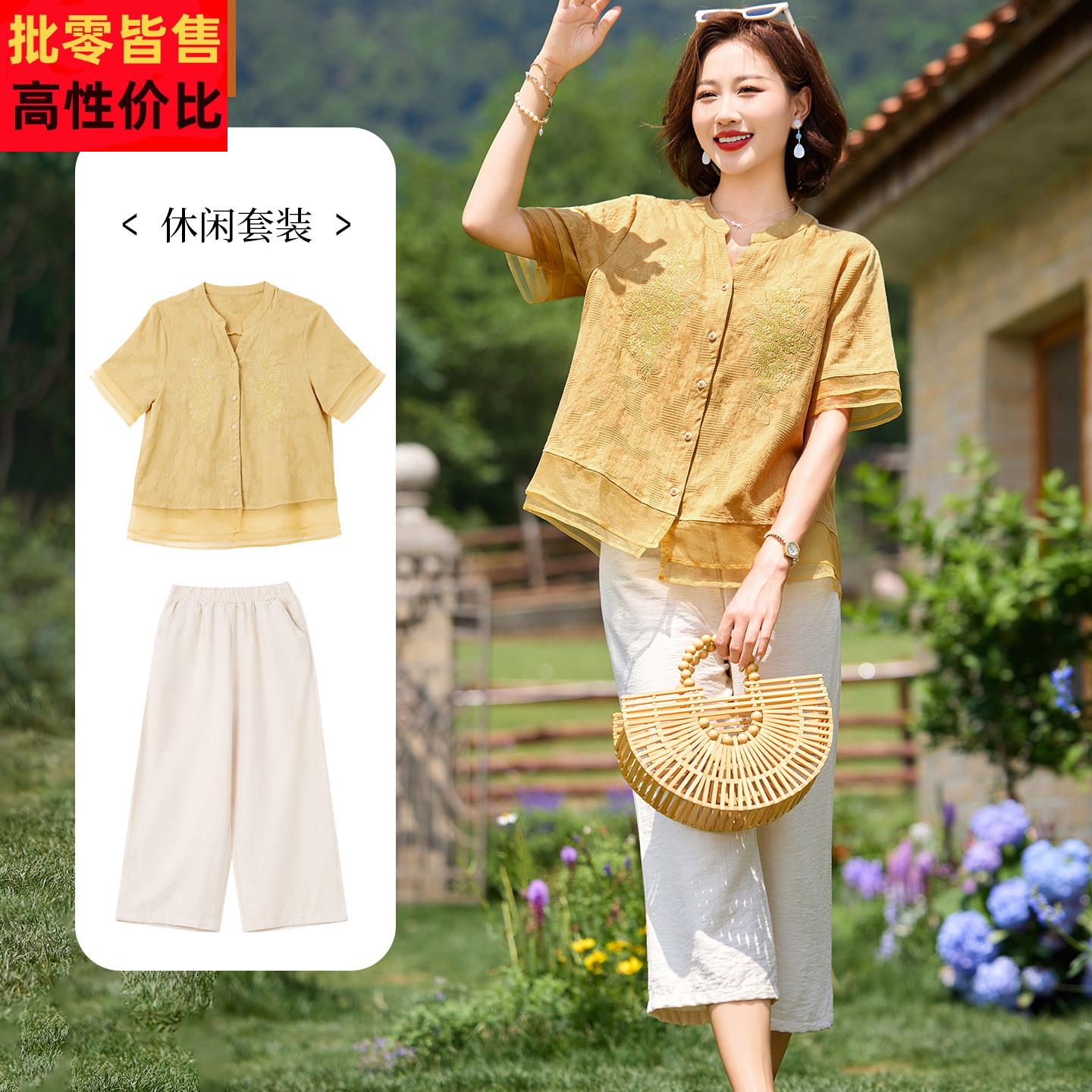 妈妈休闲 棉麻衬衫中年女装夏装短袖上衣服中老年2025新款衬衣套