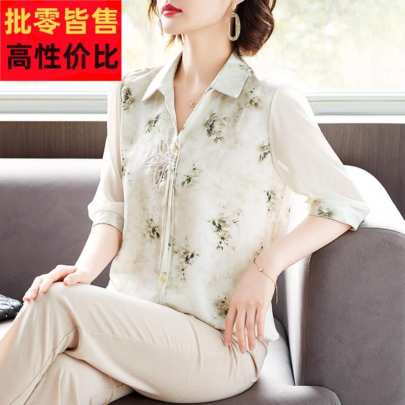 新中式妈妈夏装时尚翻领雪纺衬衫上衣中老年女装夏季短袖T恤小衫