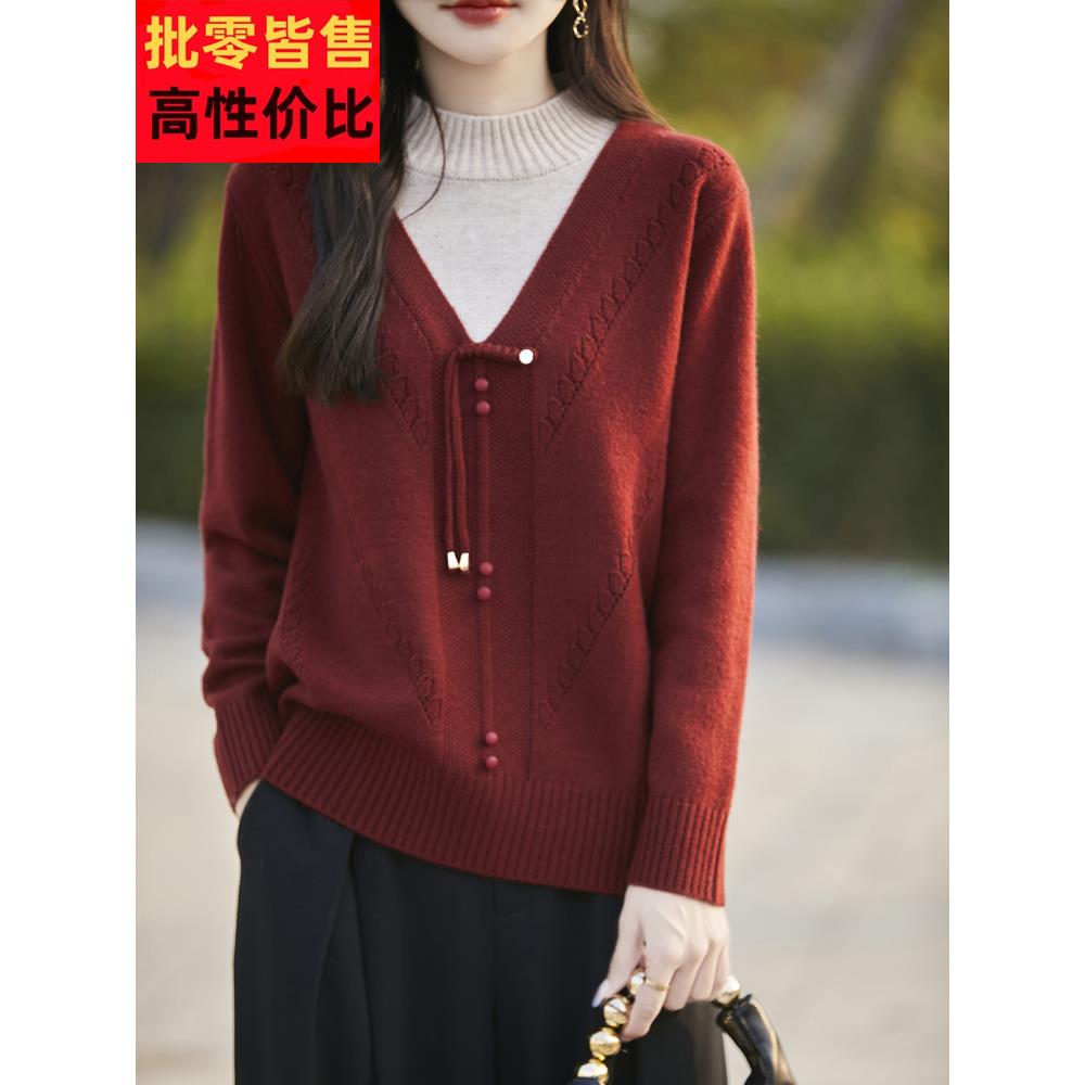妈妈的新时尚假两件套头毛衣秋冬款新款中国风半高领羊毛衫女式针