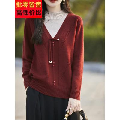 妈妈的新时尚假两件套头毛衣秋冬款新款中国风半高领羊毛衫女式针