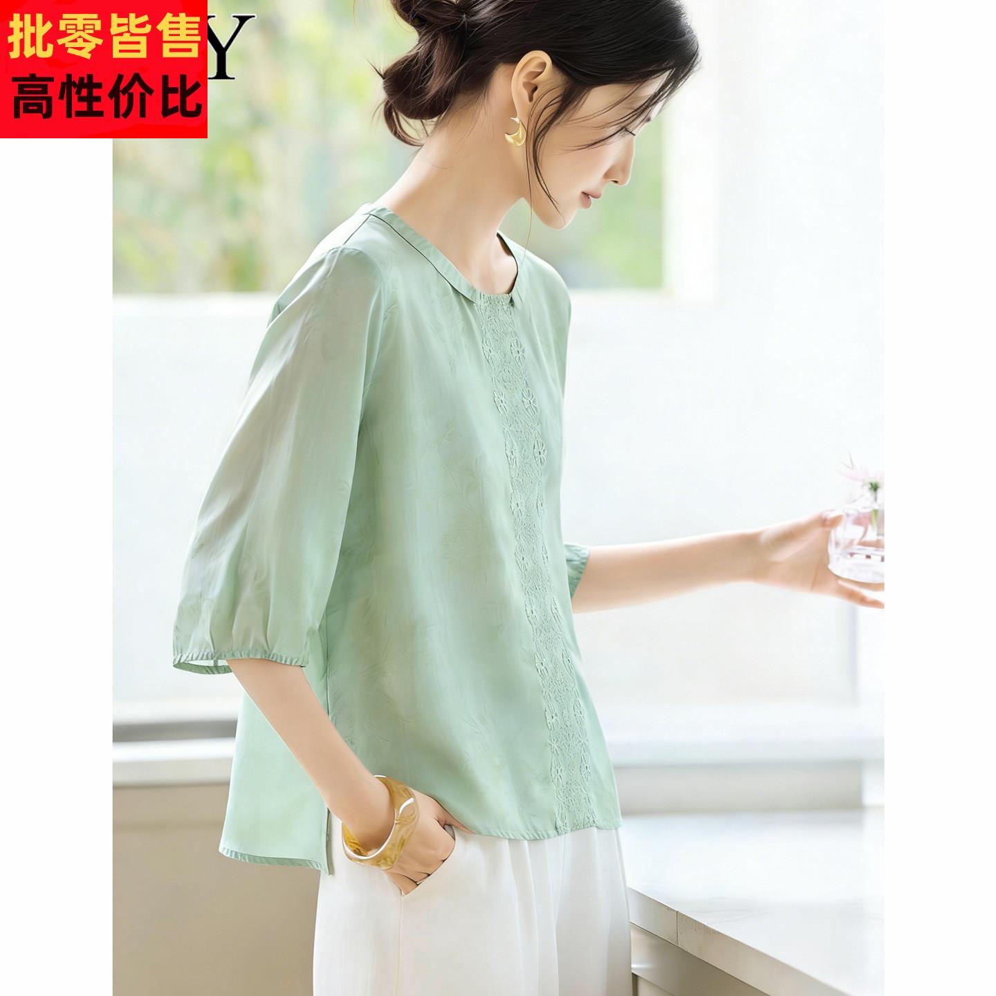 2026夏季新款休闲刺绣娃娃领苎麻小衫T恤宽松复古洋气文艺上衣女