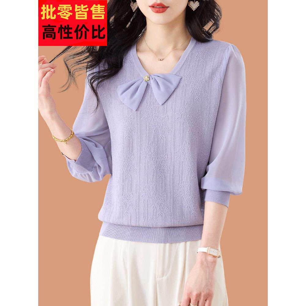 蝴结圆领丝针恤织短袖t女2025新款冰雪纺QNY拼接桑蚕丝七分袖上衣