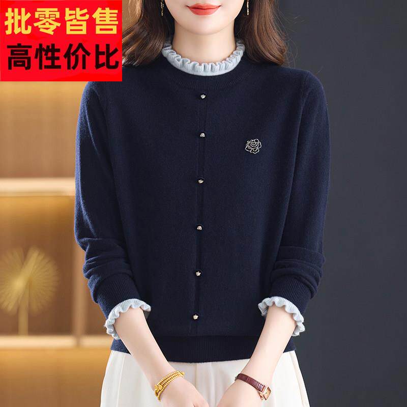 时尚新款100%纯羊绒衫女秋冬半高领毛衣宽松洋气木耳边打底衫上衣