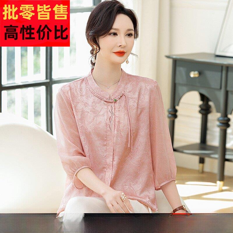 洋气妈妈装杭州真丝中袖上衣女夏季中老年桑蚕丝新中式纯色T恤薄