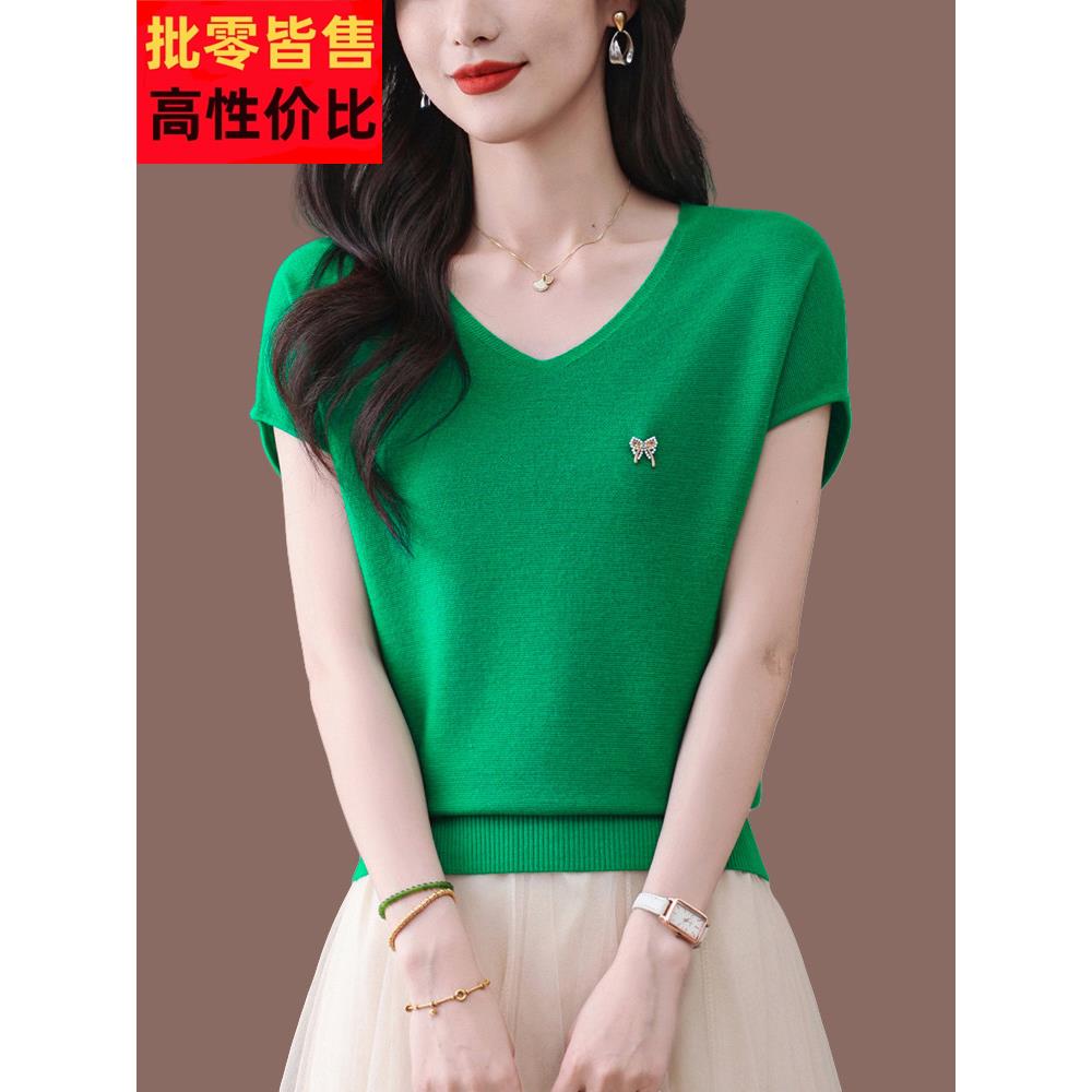 含桑蚕丝羊毛短袖t恤女宽松减龄上衣2025新款夏季蝙蝠袖V领针织衫