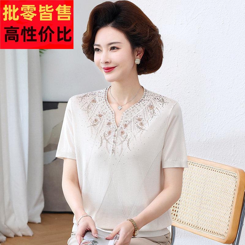 妈妈夏装新款短袖桑蚕丝T恤上衣中老年女装夏季宽松真丝针织小衫