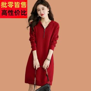 连帽针织衫女士中长款羊毛衫宽松显瘦休闲卫衣带帽红色毛衣打底裙