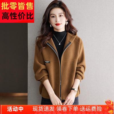 连帽毛呢外套女款2025新款外穿休闲拉链洋气卫衣加厚带帽针织开衫