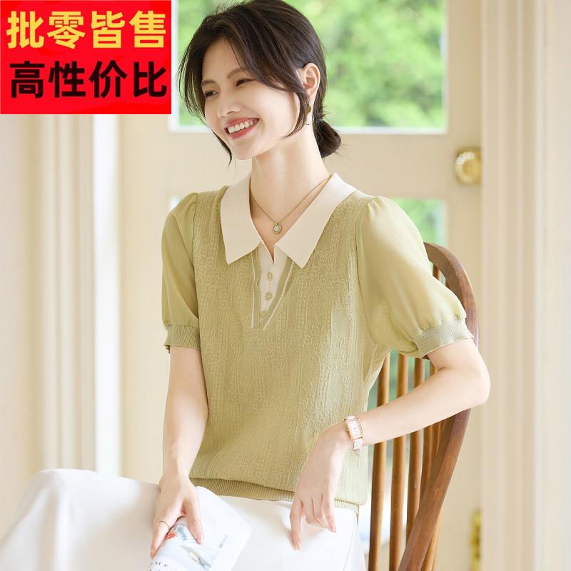 喜卉新款妈妈夏装洋气短袖假两件t恤小衫气质翻领上衣中老年女装