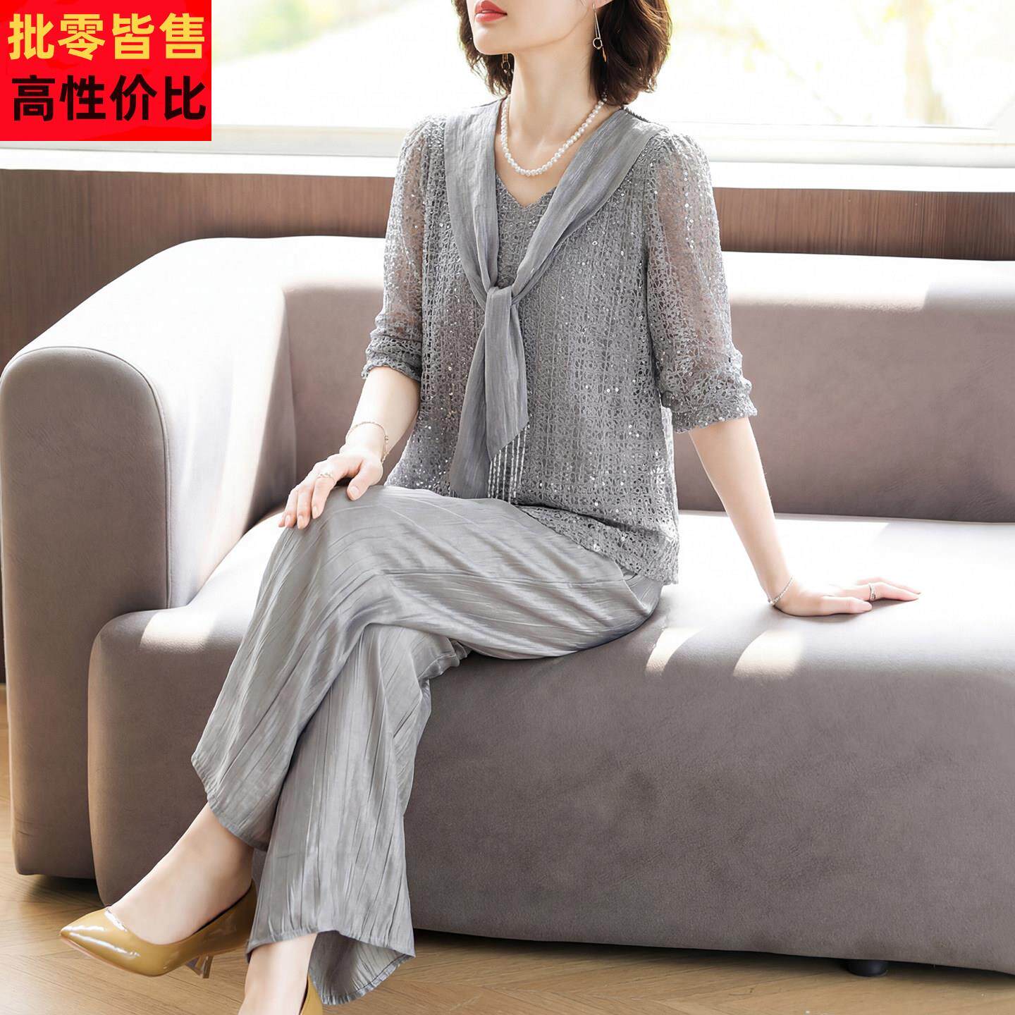 2026新款妈妈夏装休闲套装中老年女显年轻宽松洋气真丝上衣两件套