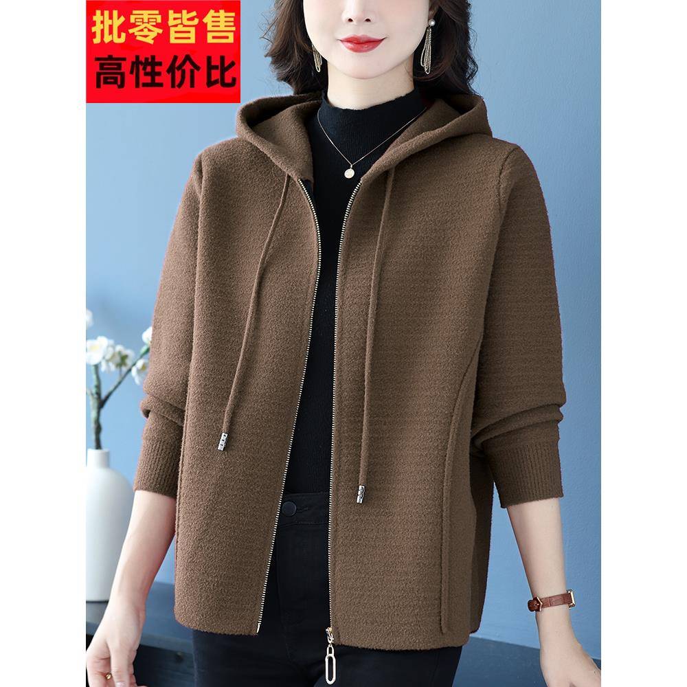 妈妈秋冬新款毛呢外套女短款夹克大码宽松洋气质连帽拉炼开衫上衣