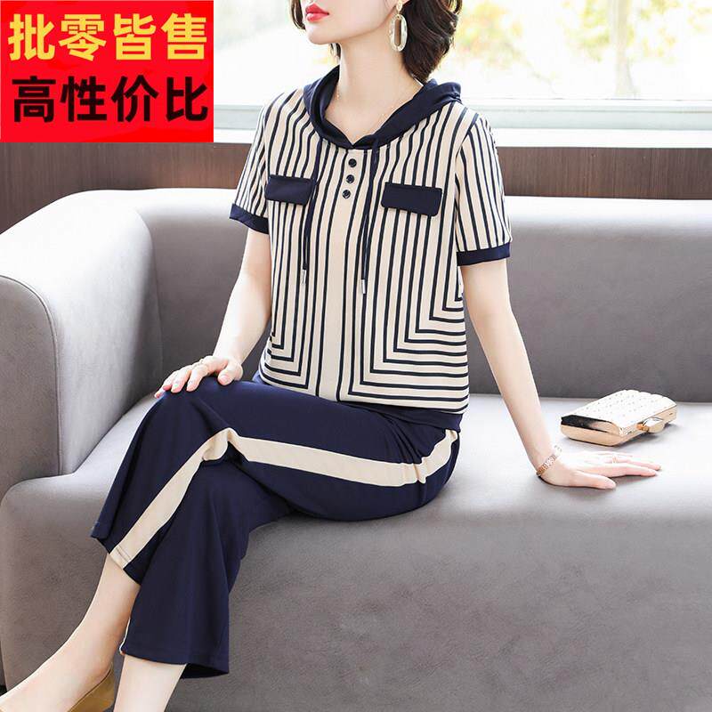 中年妈妈夏装休闲运动服套装母亲节中老年女装夏季短袖卫衣两件套