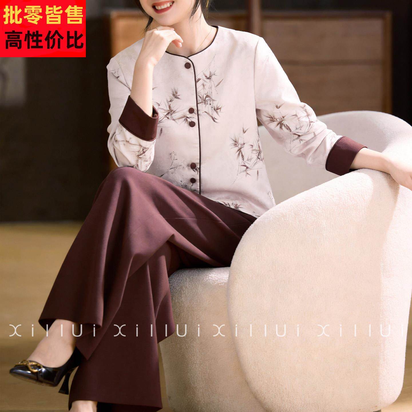 喜卉妈妈春装外套新中式印花上衣阔腿裤两件套中老年女装气质套装