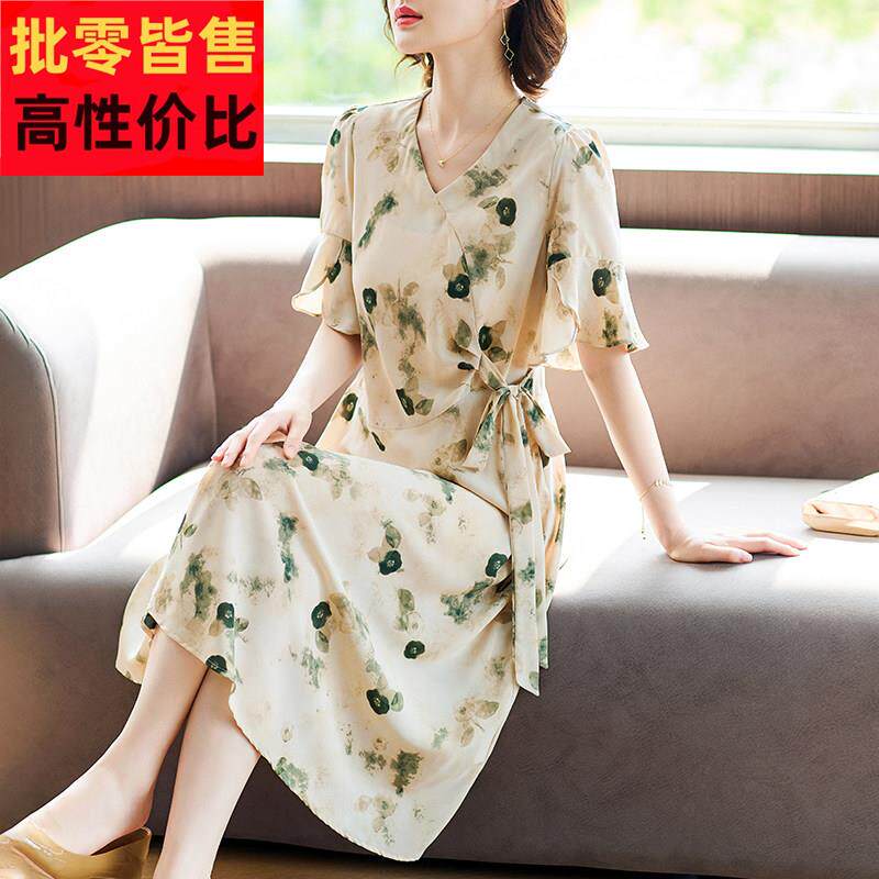 现货中年妈妈夏装雪纺短袖洋装2025新款中老年女装夏季收腰裙子
