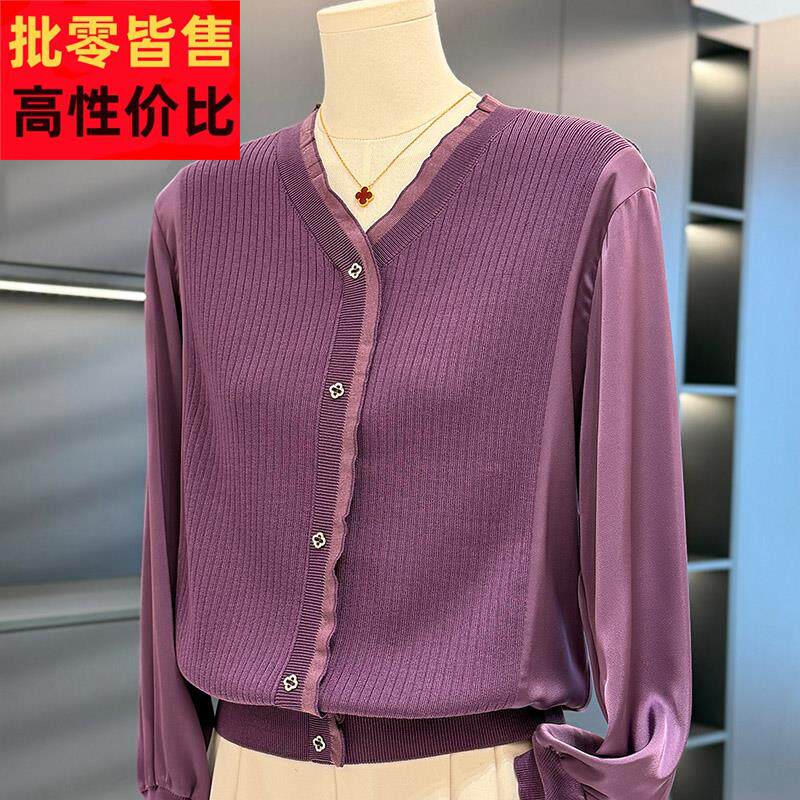 时尚休闲雪纺拼接针织衫女妈妈装春装新款减龄气质中年妇女打底衫