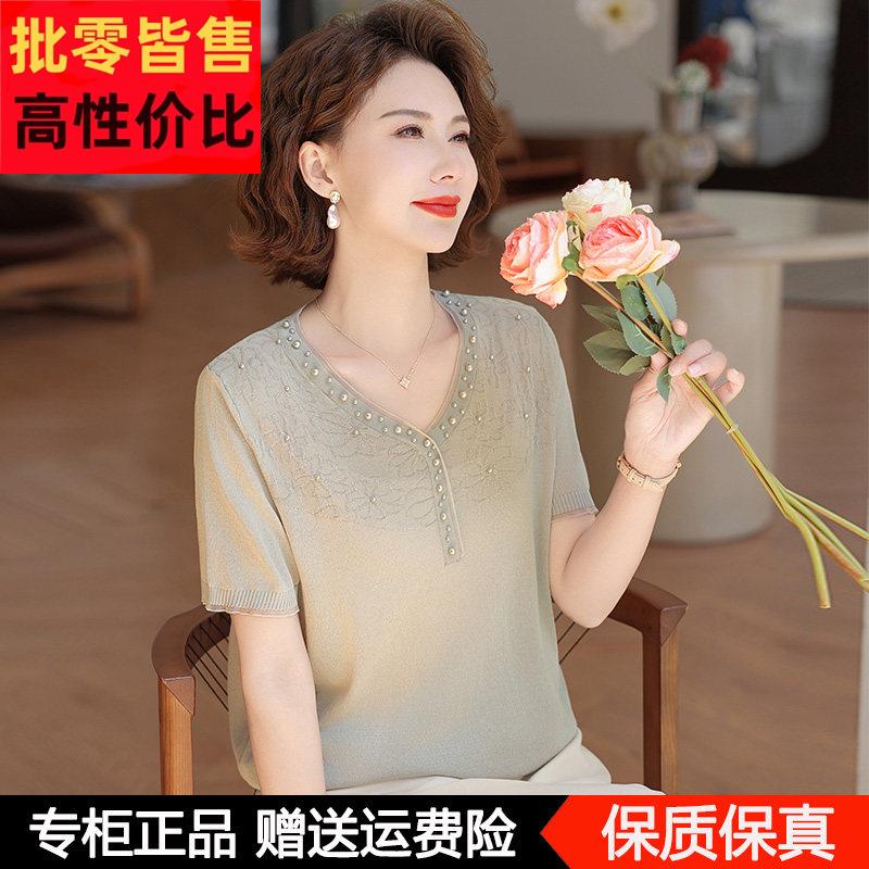 妈妈夏装桑蚕丝短袖T恤衫新款中老年女装夏季V领时尚上衣薄款小衫