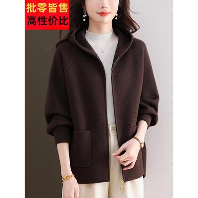 特大码羊毛呢外套女连帽毛衣时尚秋冬妈妈装宽松休闲纯色拉炼大衣