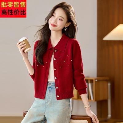 春秋季新款翻领毛衣外套女小个子针织衫宽松短款休闲时尚钉珠上衣