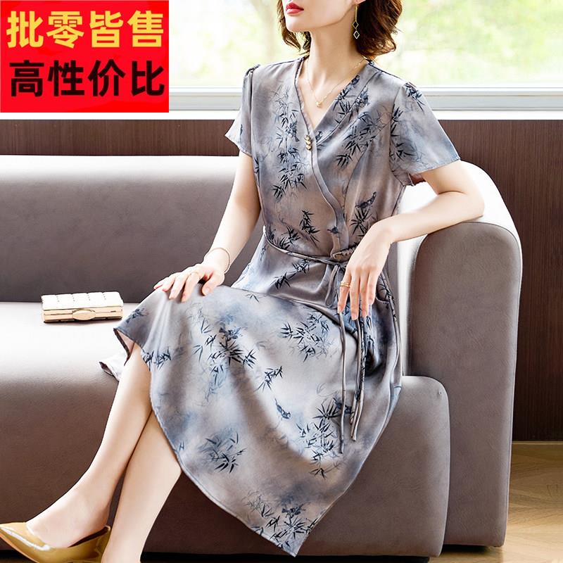 中老年妈妈夏装雪纺短袖连衣裙改良旗袍裙中年女夏季收腰系带长裙