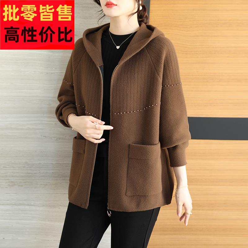 时尚钉珠连帽毛呢外套女士遮臀开衫秋冬胖mm宽松大码显瘦羊绒大衣