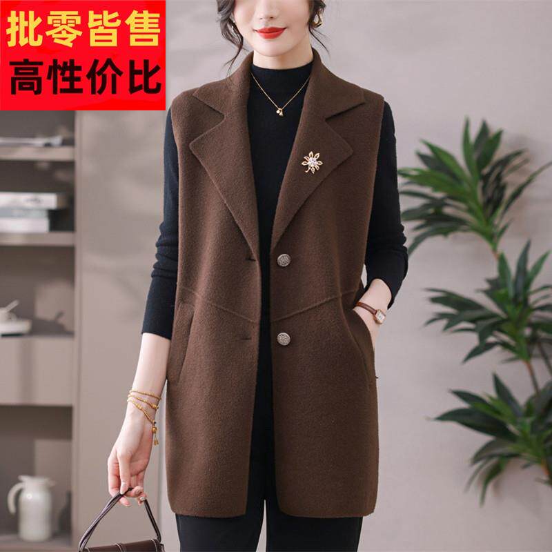 中年妈妈春秋针织羊绒马甲女中长款外穿马夹西装领毛呢子无袖外套