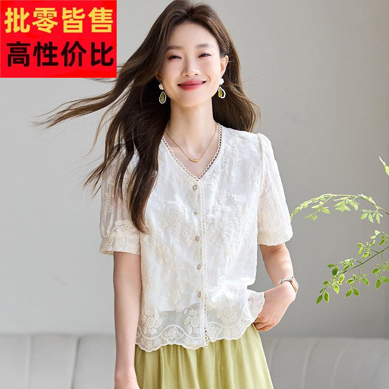 轻奢高端桑丝刺绣拼蚕接20242446排衫扣衬衫夏季薄款V领白色搭小
