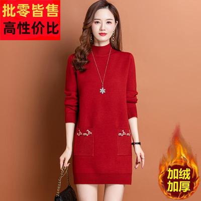 半高领红色加绒毛衣裙女士加厚秋冬2025年新款中长款一体绒打底衫