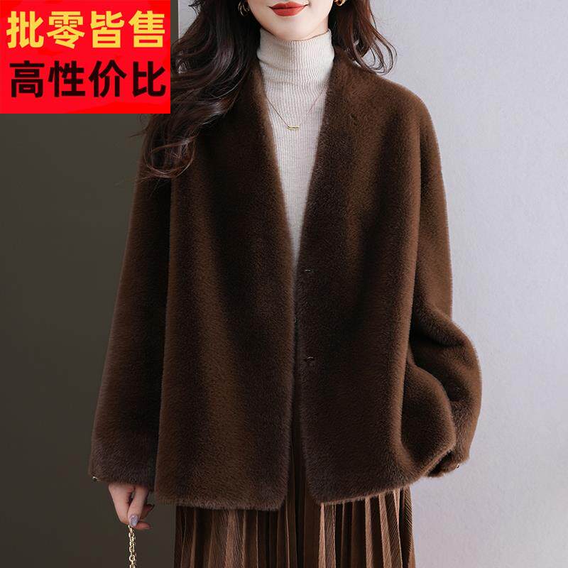 水貂绒皮草大衣外套女开衫中长款宽松大码女装加厚羊毛衫披肩口袋