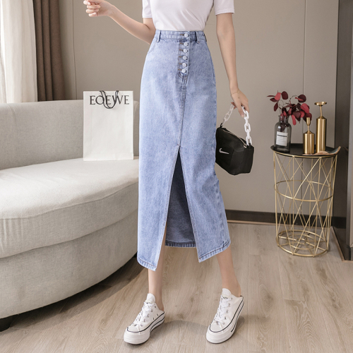 Women's fall 2019 dress with high waist and hip length skirt showing thin denim skirt