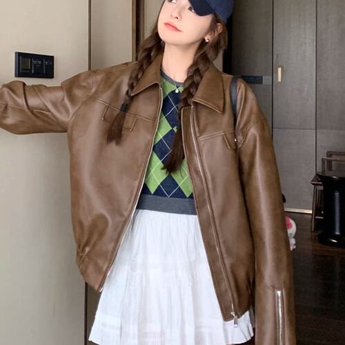 美拉德皮衣外套女春秋学院风棕色皮衣美式痞帅皮夹克2026新款高级