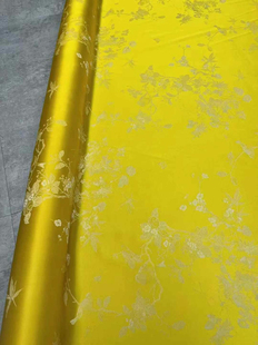 喜鹊登枝亮黄色真丝人丝提花面料透孔花罗新中式上衣旗袍衬衫布料