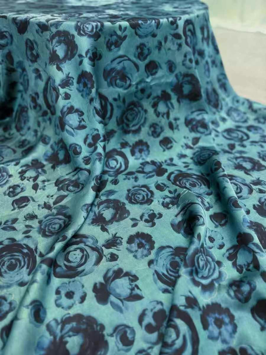 新品孔雀蓝玫瑰花罗红云纱面料高定连衣裙衬衫旗袍桑蚕丝服装布料
