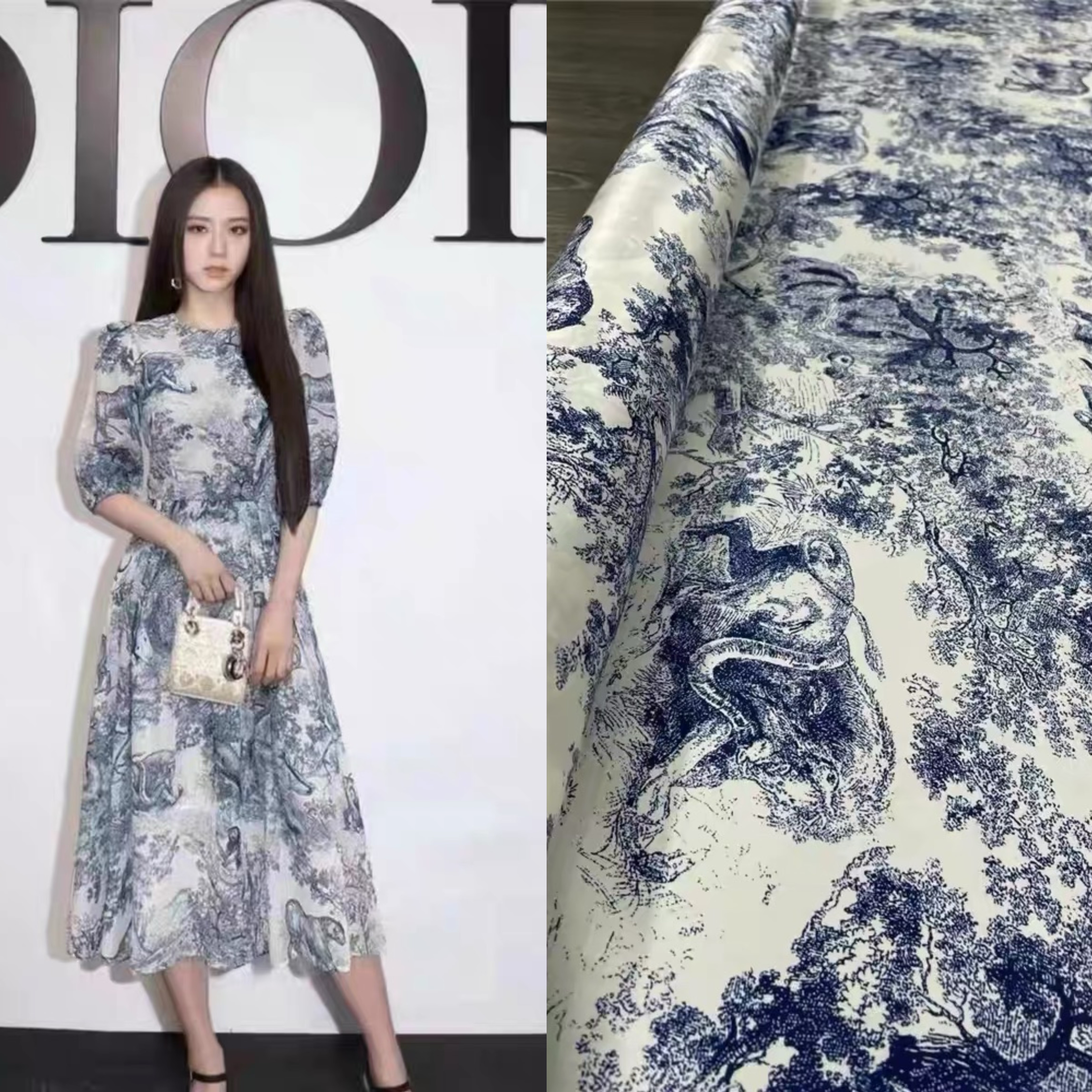 欧美高定蓝色百兽图印花弹力斜纹真丝布料连衣裙衬衫半裙套装面料