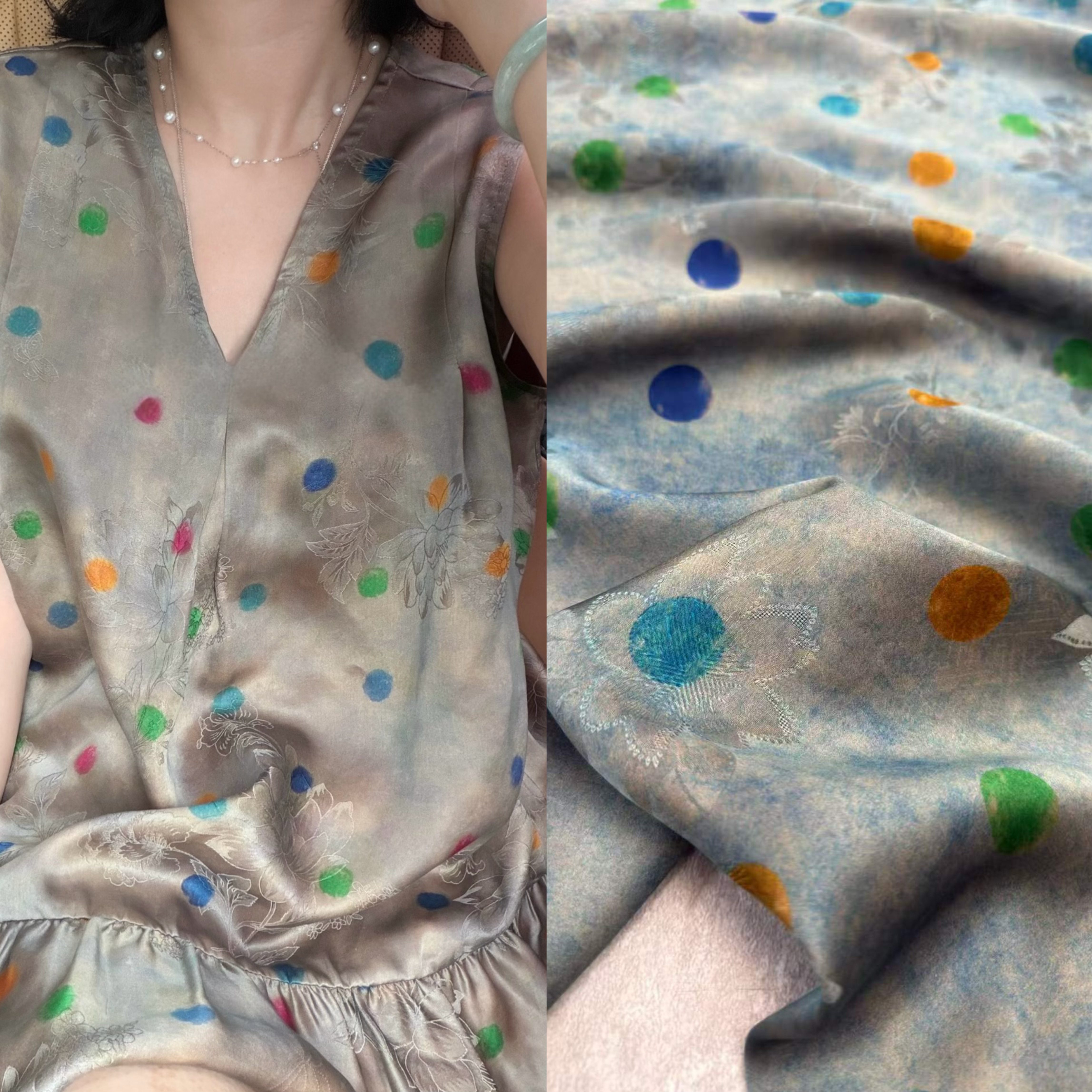 新品糖果色波点印花桑蚕丝红云纱面料高定连衣裙衬衫套装服装布料