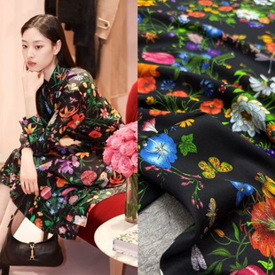 G家百花宴明星同款印花弹力斜纹真丝布料高定连衣裙衬衫上衣面料