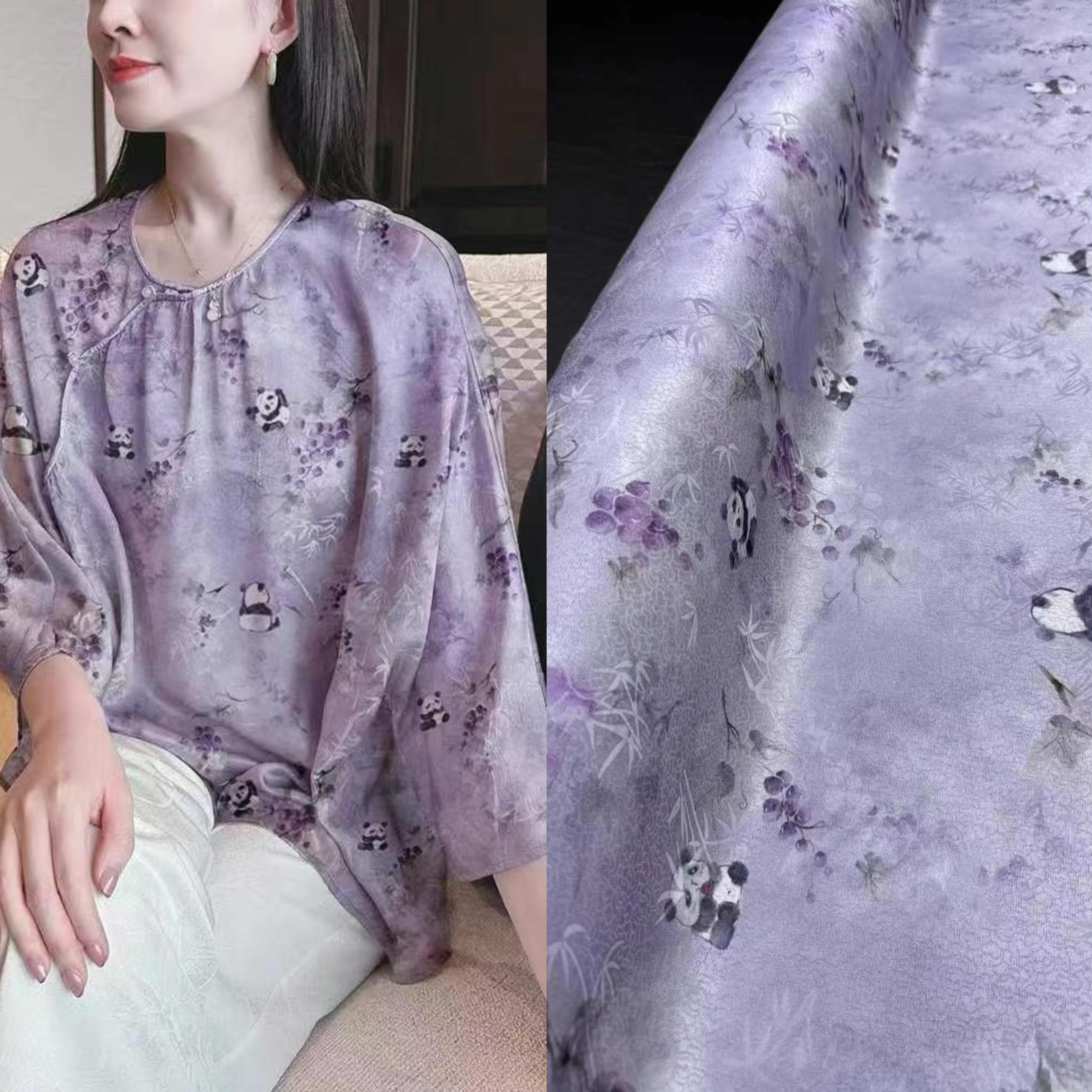 新品紫竹熊猫真丝绞罗提花印花面料新中式旗袍上衣桑蚕丝服装布料