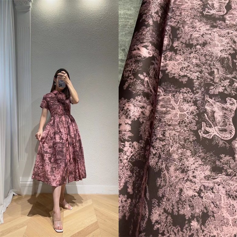 新品D家咖色底粉色百兽图印花斜纹弹力真丝布料连衣裙衬衫半裙面