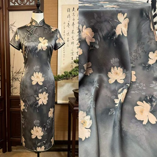 清新水墨玉兰透孔花罗红云纱面料高定夏季连衣裙旗袍上衣服装布料