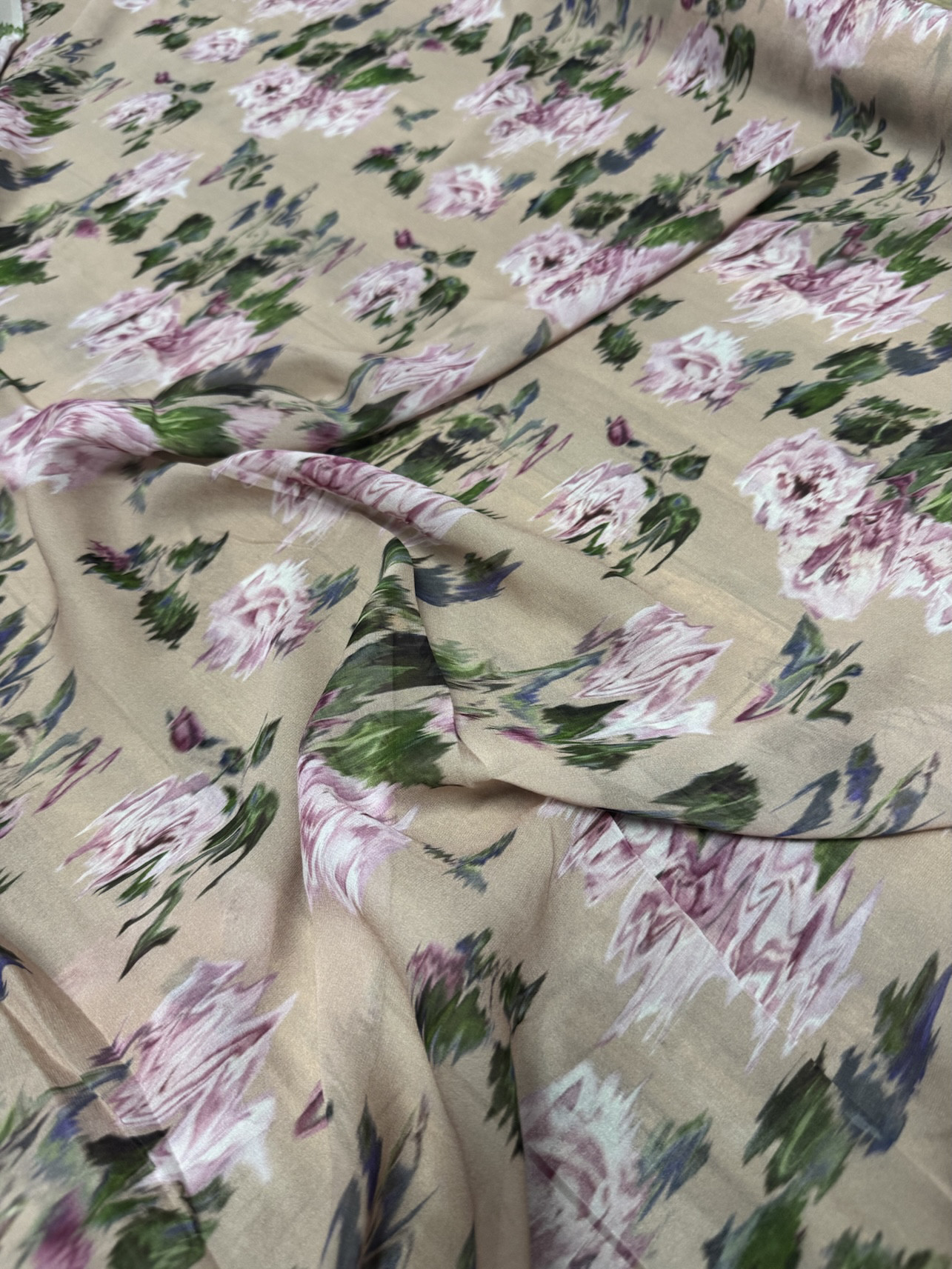 夏季新品薄款肉色底粉色印花真丝乔其纱面料衬衫连衣裙半裙布料