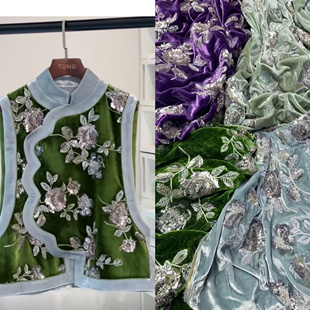 重工刺绣真丝丝绒布料橄榄绿新中式国风上衣外套马甲丝绒服装面料