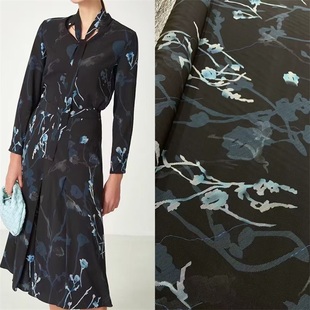 新品经典百搭黑色底蓝色印花真丝弹力双绉布料连衣裙衬衫蚕丝面料