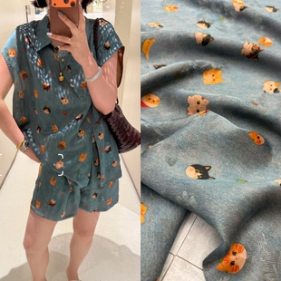 可爱小猫印花花罗红云纱面料高定夏季连衣裙旗袍上衣套装服装布料