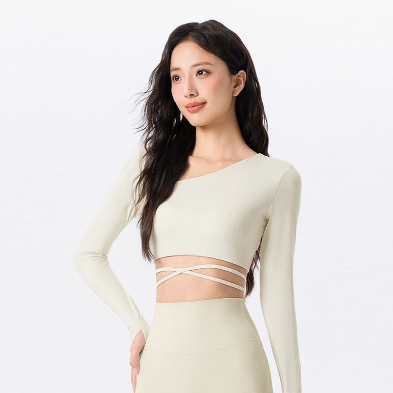 斜领瑜伽服长袖女固定杯