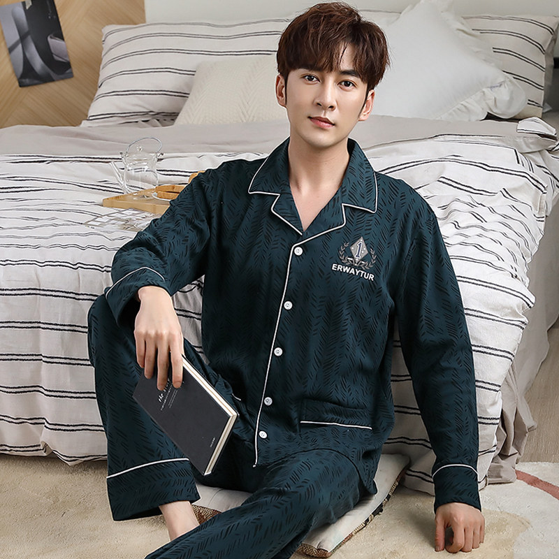 3男士睡衣纯棉长袖春秋季韩版宽松大码开衫青年秋冬家居服套装