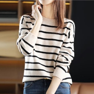 针织羊绒衫 正品 冬季 2025新款 圆领条纹拼色落肩毛衣套头女 哥家女装