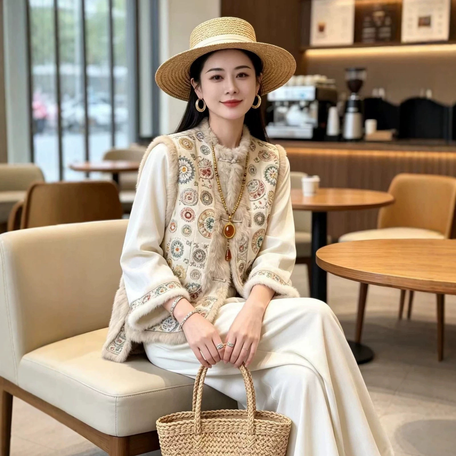 园园美衣中式国风复古盘扣秋冬重工刺绣亮片贵气保暖兔毛马甲外套