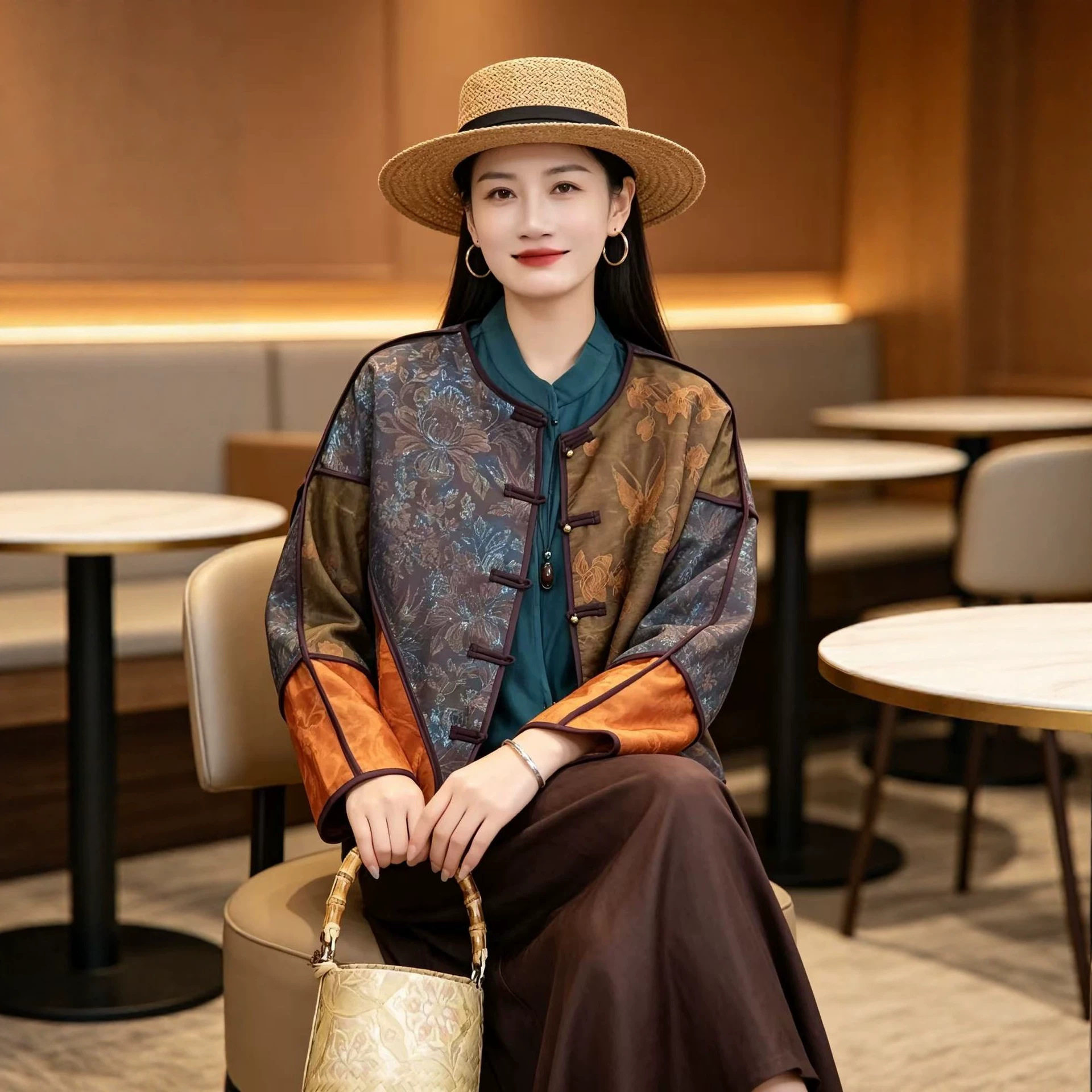 园园美衣风冬季女装人丝提花复古老钱风拼接外套复古短款棉衣棉服