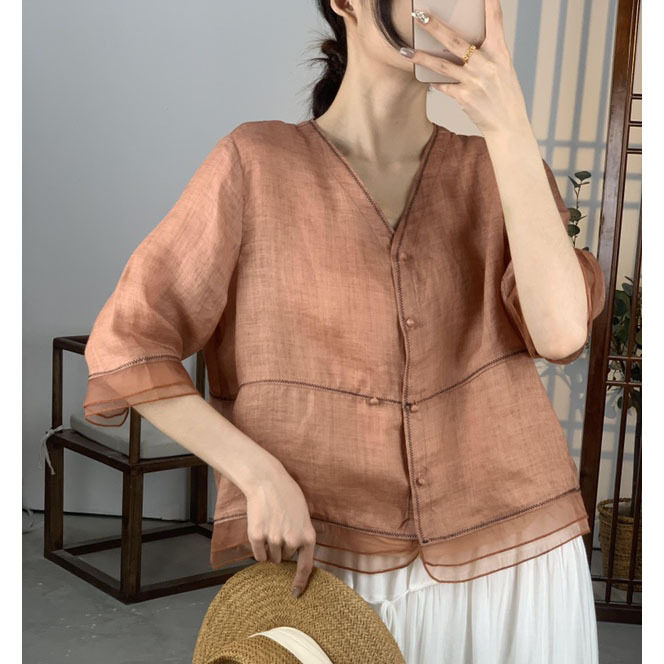 园园美衣25春新款V领单排扣拼接网纱七分袖苎麻衬衫纯色休闲衬衣