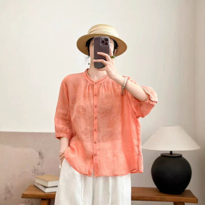 园园美衣夏新款苎麻立领薄款七分袖衬衫线绣撞色单排扣轻薄小开衫